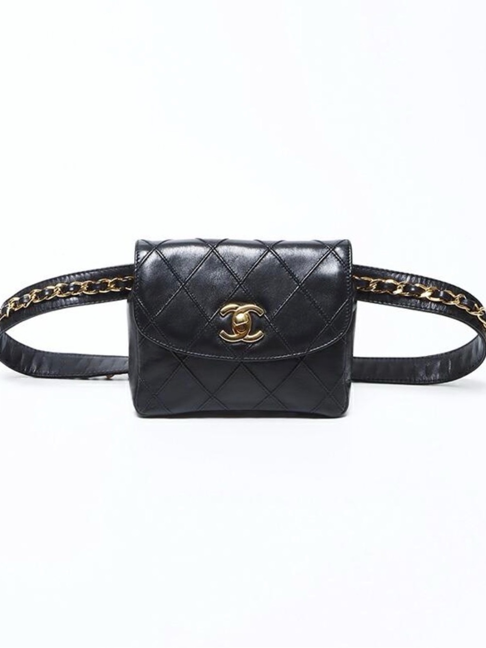 CHANEL Black Quilted Leather Mini Belt Bag with Gold Chain